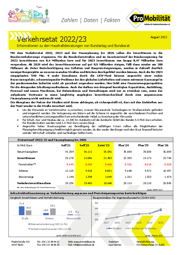 Zahlen, Daten, Fakten zum Verkehrsetat 2022/2023