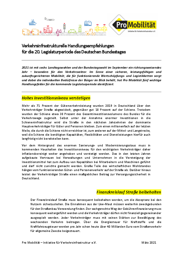 Verkehrsinfrastrukturelle Handlungsempfehlungen für die 20. Legislaturperiode