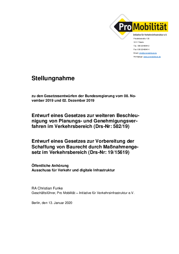 Stellungnahme zu Planungsbeschleunigungsgesetzen Januar 2020